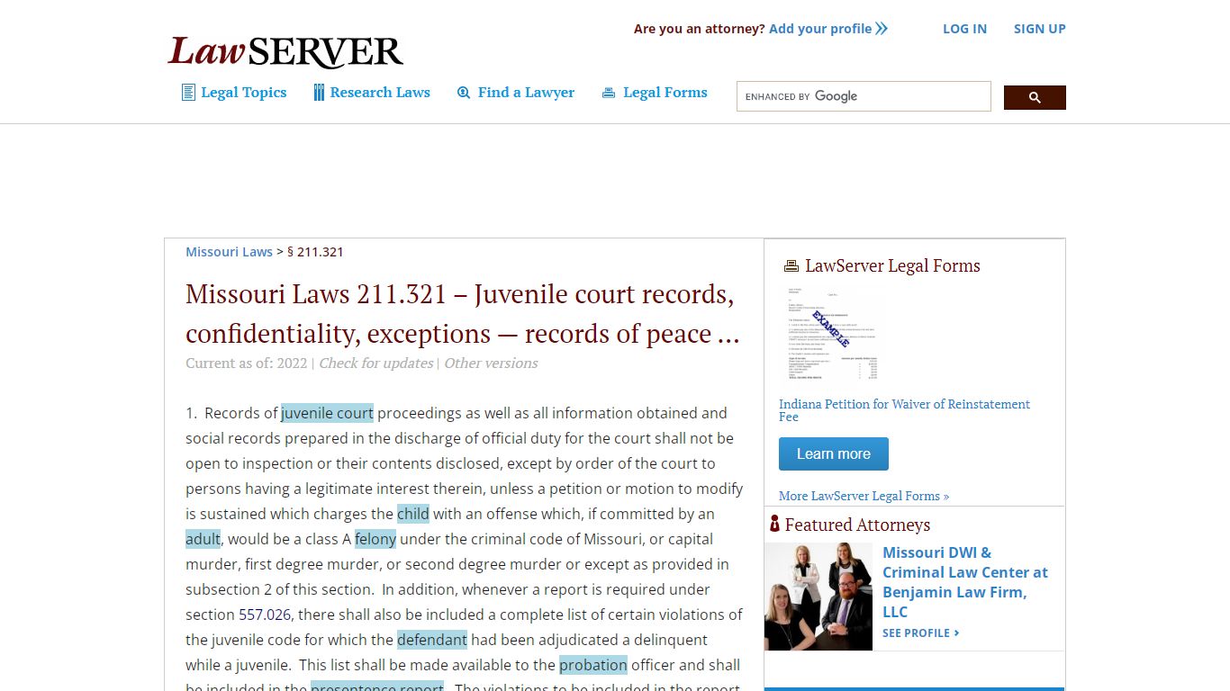 Missouri Laws 211.321 – Juvenile court records, confidentiality ...